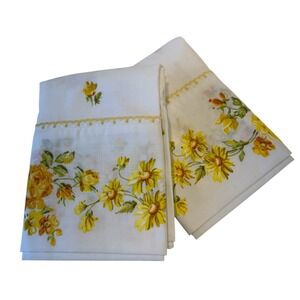 Vintage Standard Pillowcase‎ Set White Yellow Floral Cottagecore Retro Trim